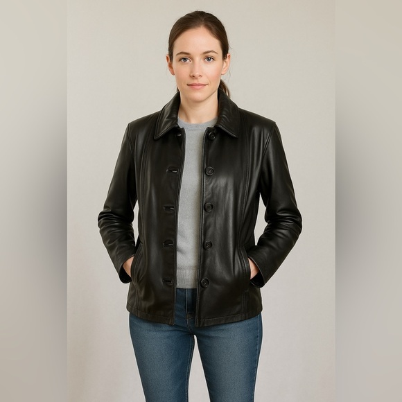 Jaclyn Smith vintage black leather jacket with front pockets. Size L - Picture 1 of 6